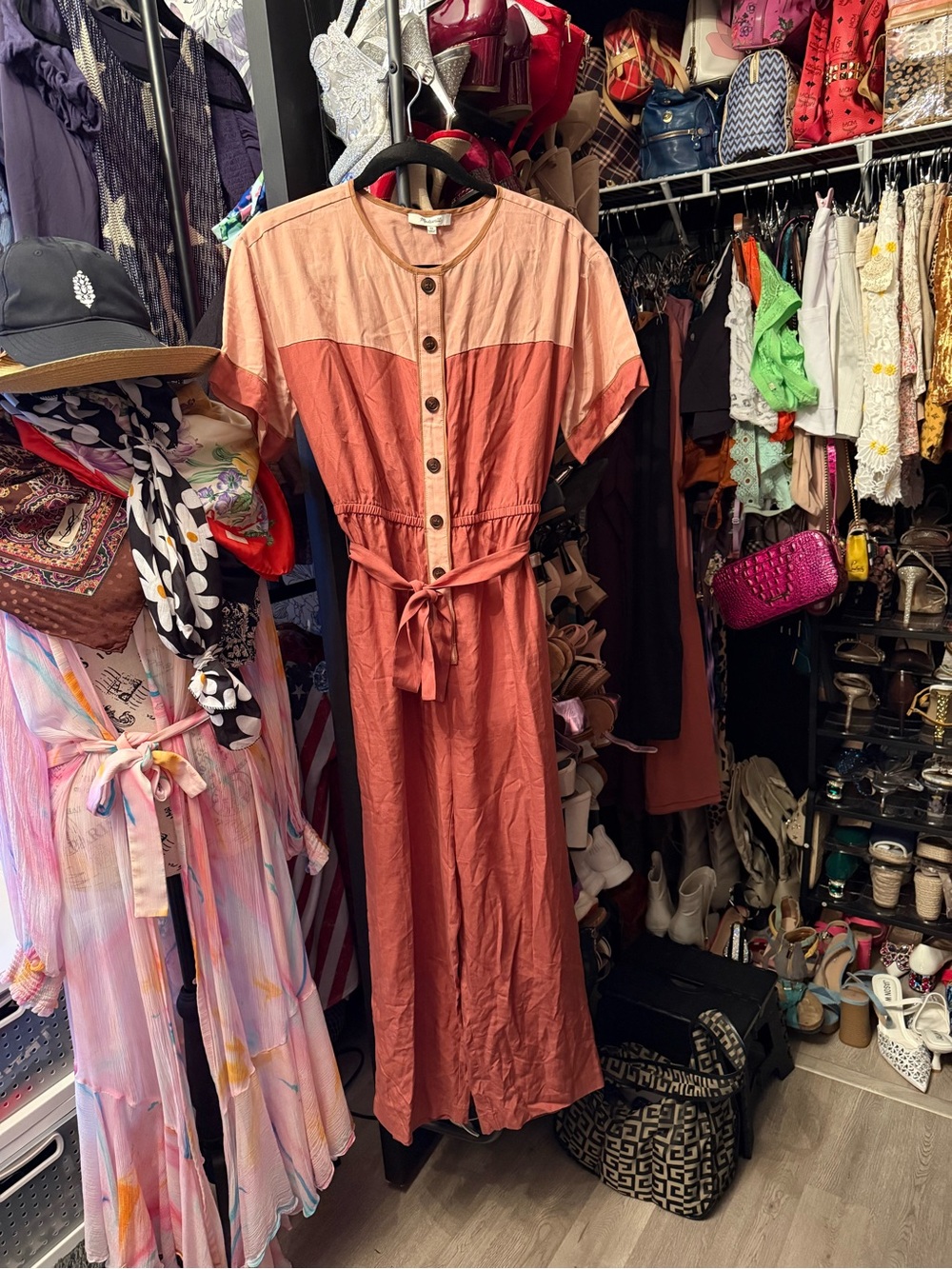 Madewell Two-Tone Button-Front Jumpsuit in Coral and Peach